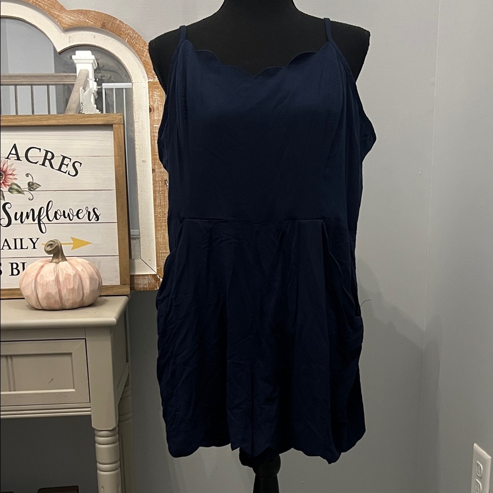 Navy scalloped neck and bottom romper with pockets Stitch Fix